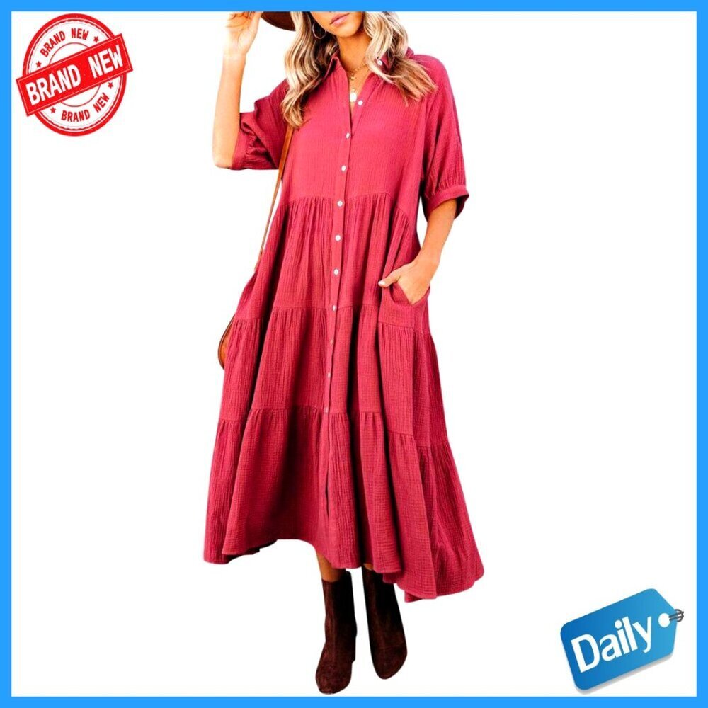 Cotton Button Down Midi Dress Casual Boho Summer Pockets Slit V-Neck